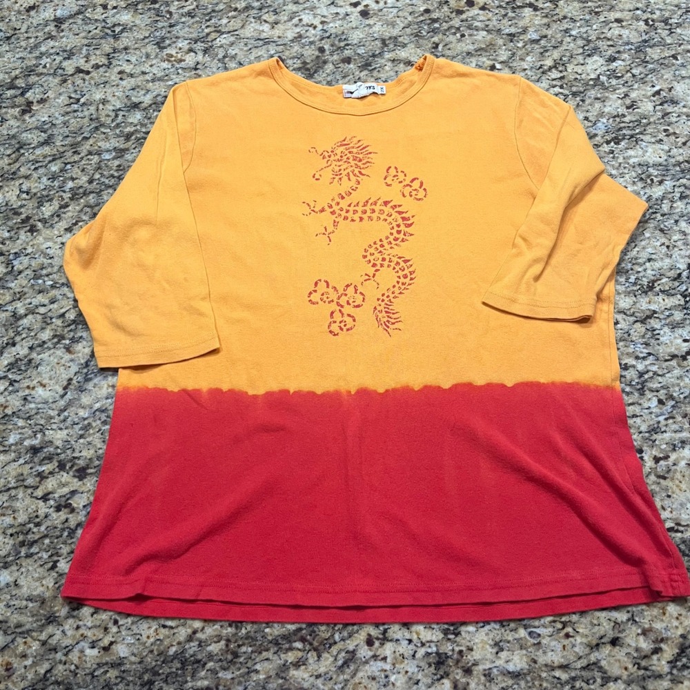Vintage US Boys Y2K Orange Red Dragon Graphic Dip Dye 3/4 Sleeve‎ Top Women 2X